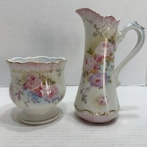 Vintage 1950s KPM 280 Set Porcelain Open Sugar Bowl Pitcher 7" Pink Rose Gold